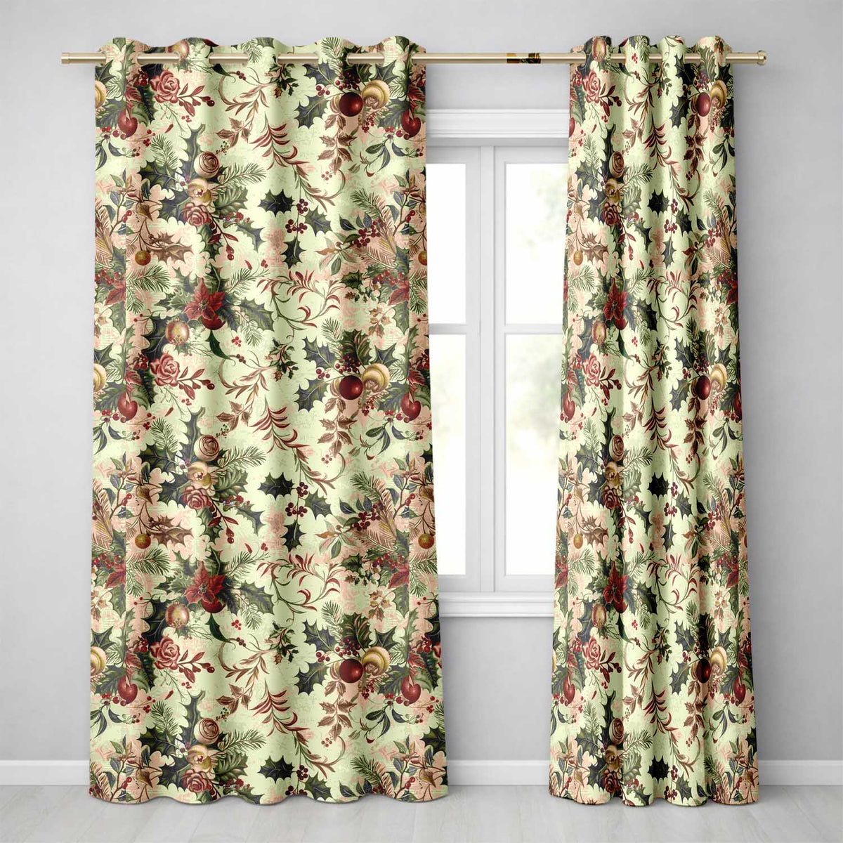 Vintage Christmas Holly Berry Floral Elegant Seamless Pattern  Readymade Eyelet Ring Top Thermal 100% Blackout Curtains