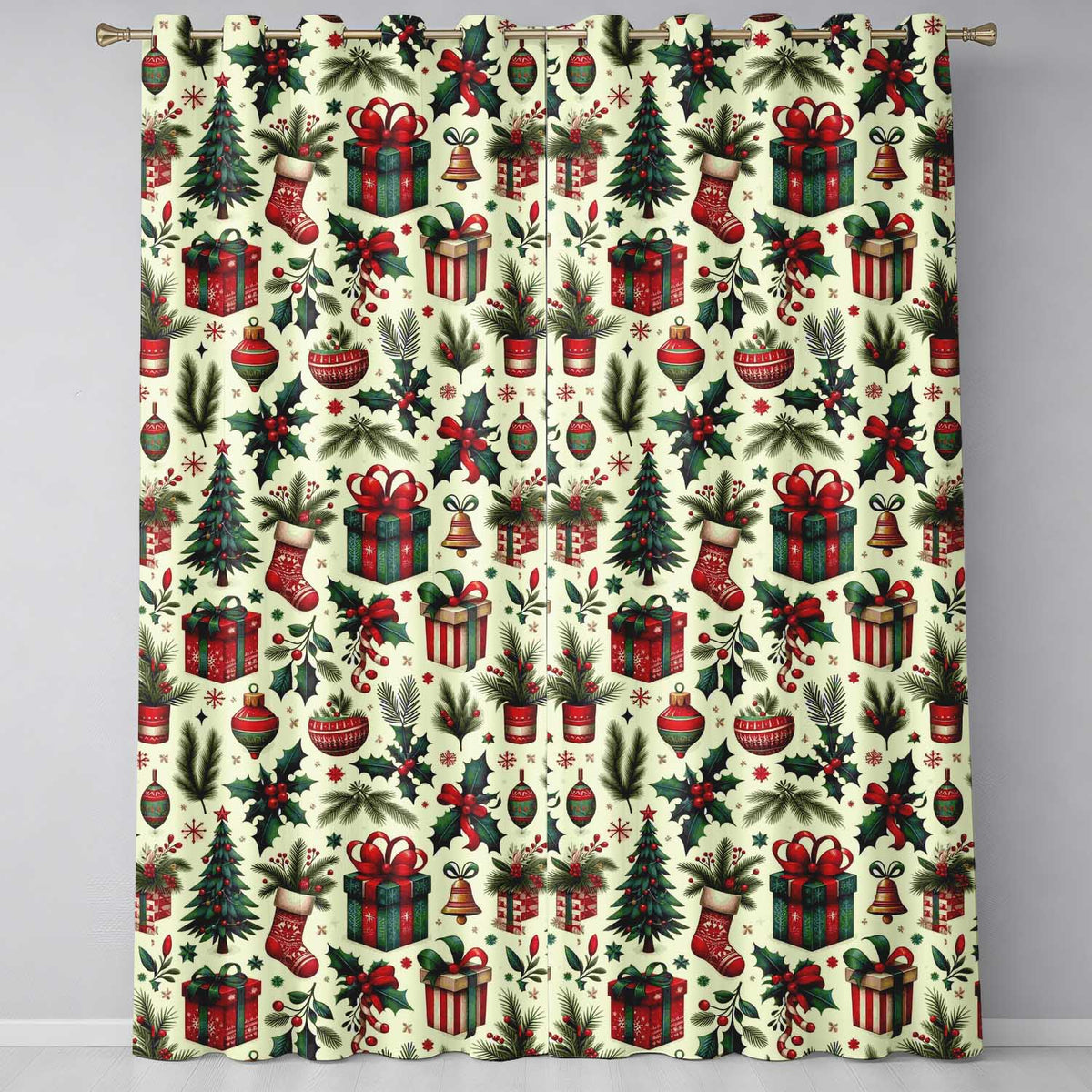 Christmas Holly Gift Tree Bell Festive Seamless Pattern  Readymade Eyelet Ring Top Thermal 100% Blackout Curtains