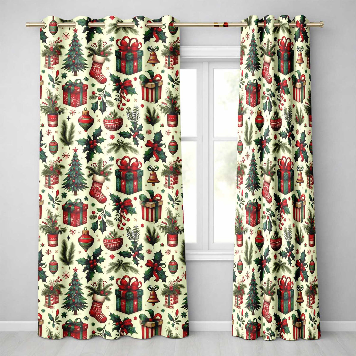 Christmas Holly Gift Tree Bell Festive Seamless Pattern  Readymade Eyelet Ring Top Thermal 100% Blackout Curtains