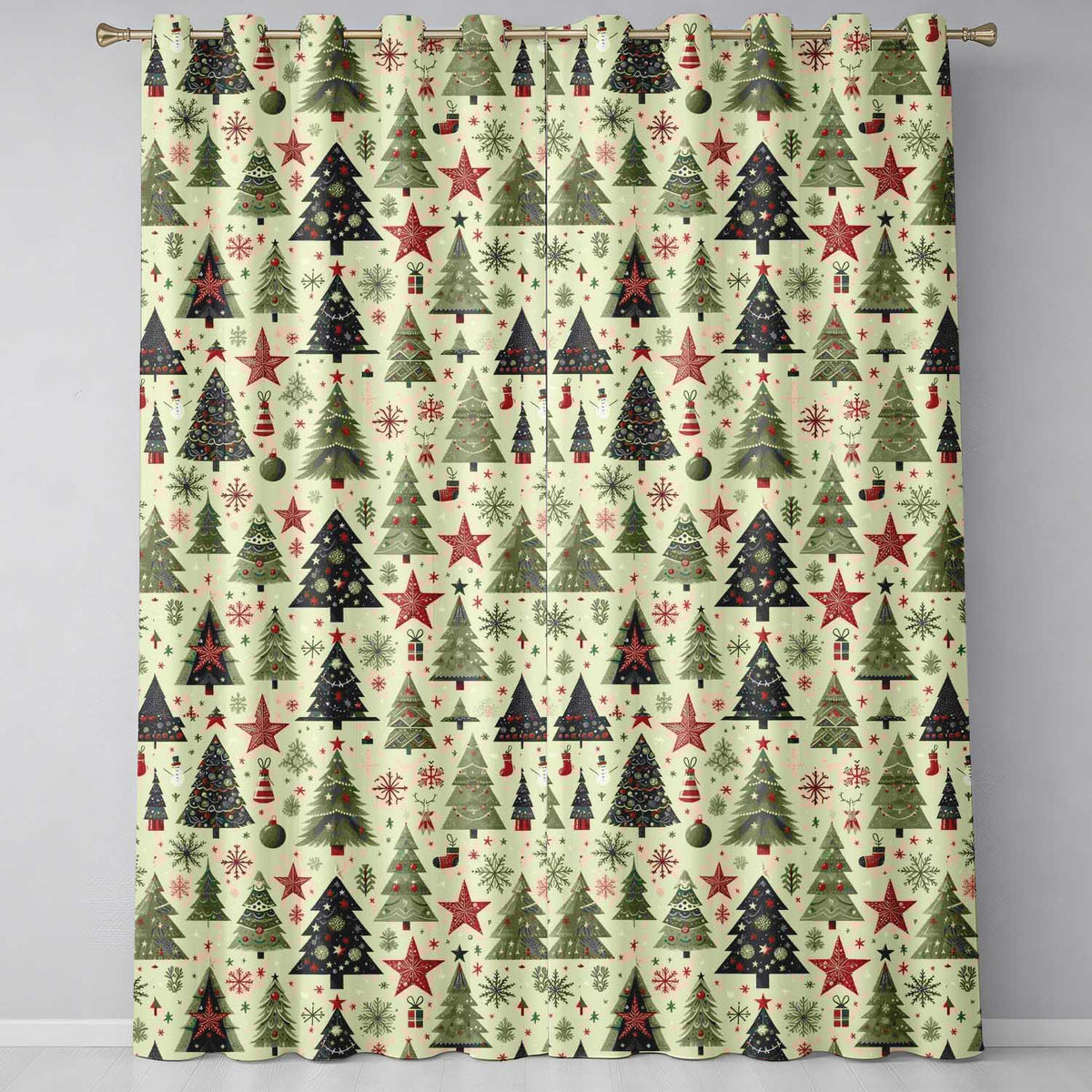 Christmas Tree Star Snowflake Folk Art Seamless Pattern  Readymade Eyelet Ring Top Thermal 100% Blackout Curtains