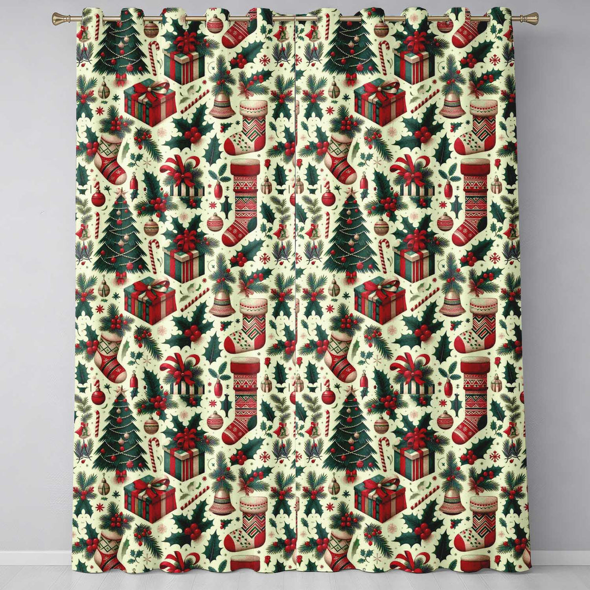 Christmas Holly Gift Stocking Candy Cane Festive Seamless Pattern  Readymade Eyelet Ring Top Thermal 100% Blackout Curtains