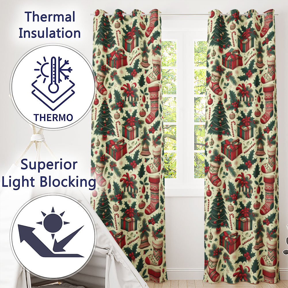 Christmas Holly Gift Stocking Candy Cane Festive Seamless Pattern  Readymade Eyelet Ring Top Thermal 100% Blackout Curtains