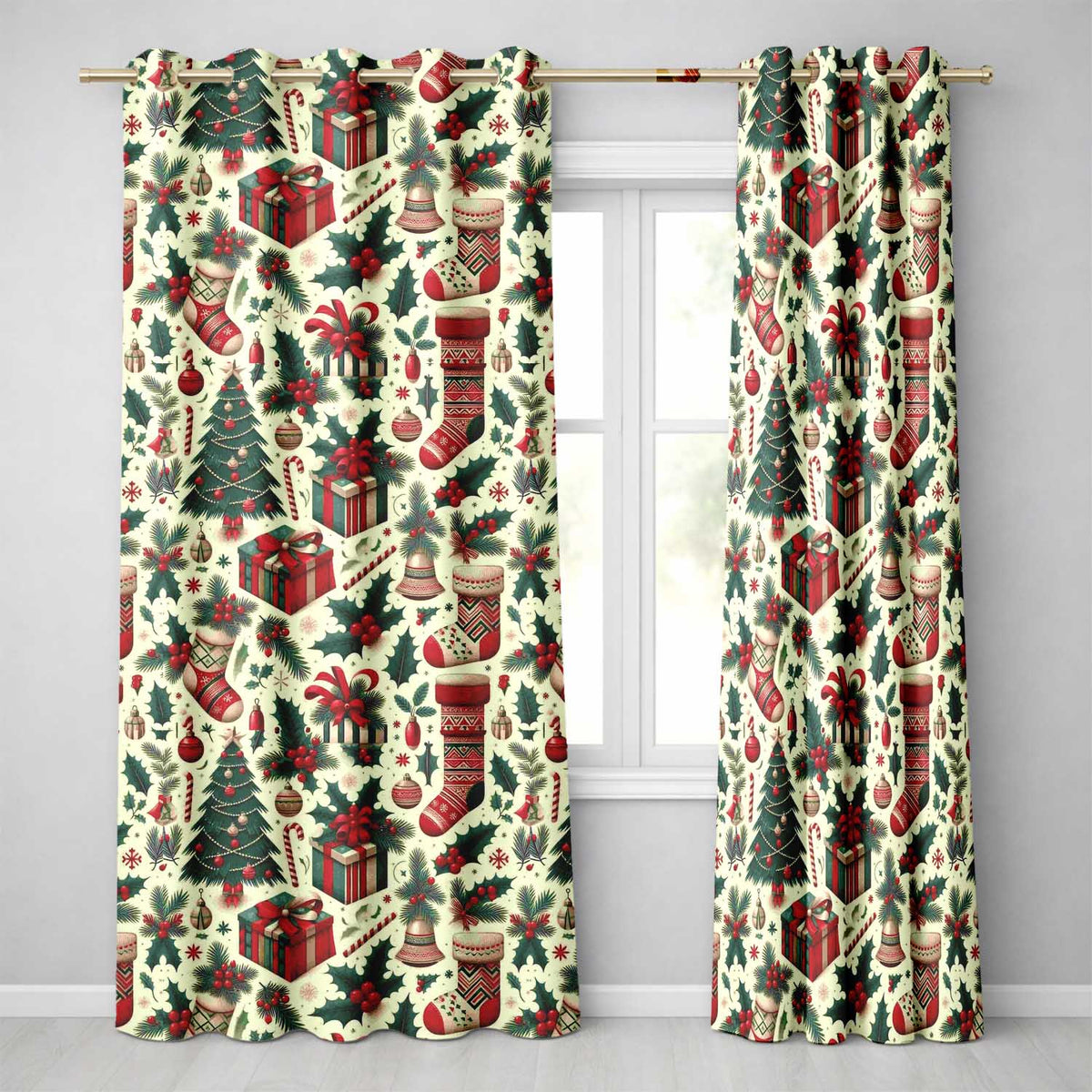 Christmas Holly Gift Stocking Candy Cane Festive Seamless Pattern  Readymade Eyelet Ring Top Thermal 100% Blackout Curtains