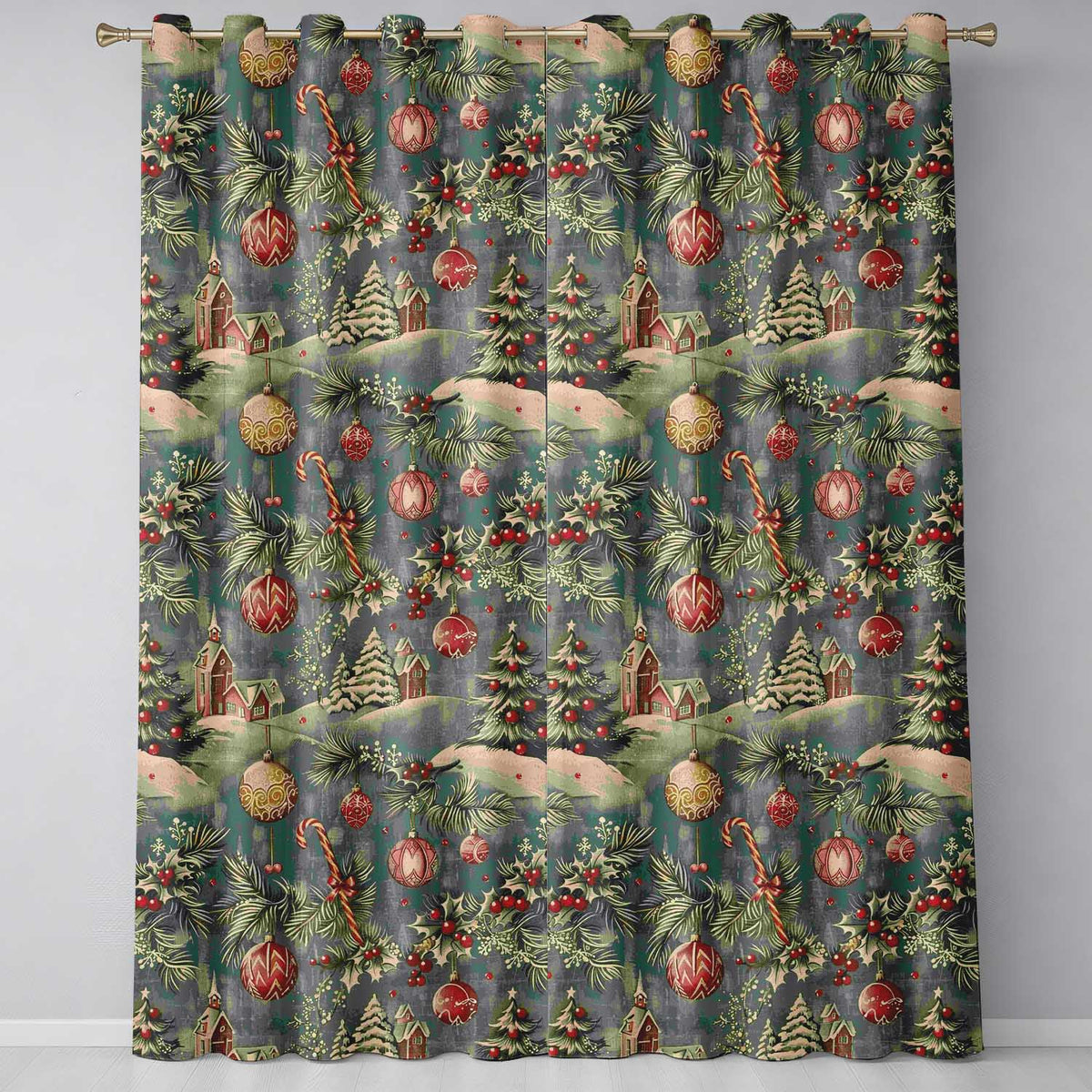 Vintage Christmas Ornament Holly Candy Cane Festive Seamless Pattern  Readymade Eyelet Ring Top Thermal 100% Blackout Curtains
