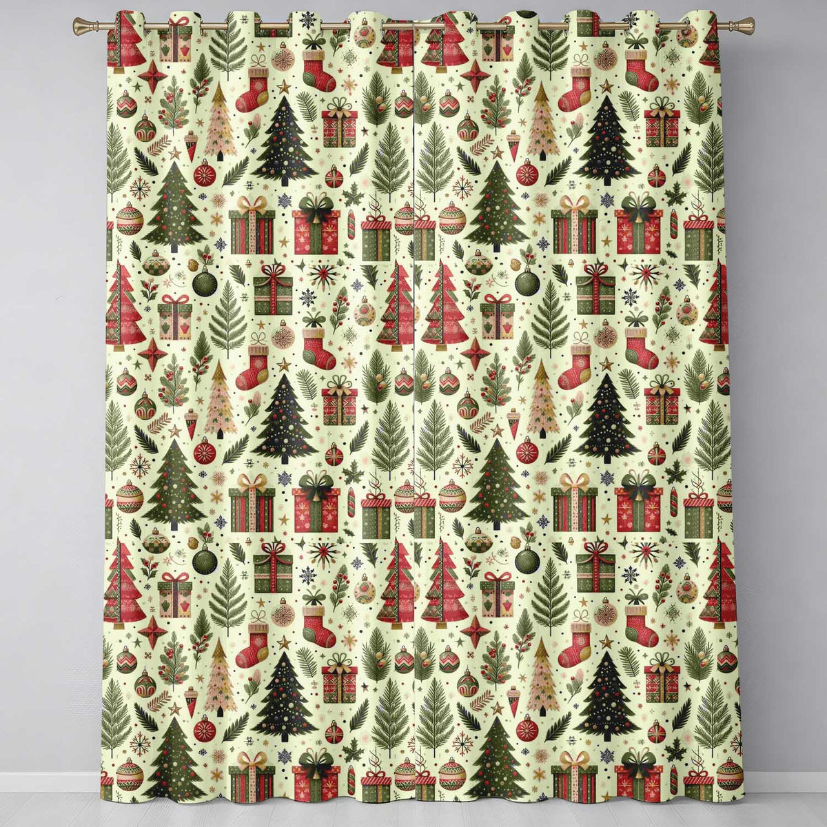 Christmas Tree Gift Stocking Ornament Holiday Seamless Pattern  Readymade Eyelet Ring Top Thermal 100% Blackout Curtains