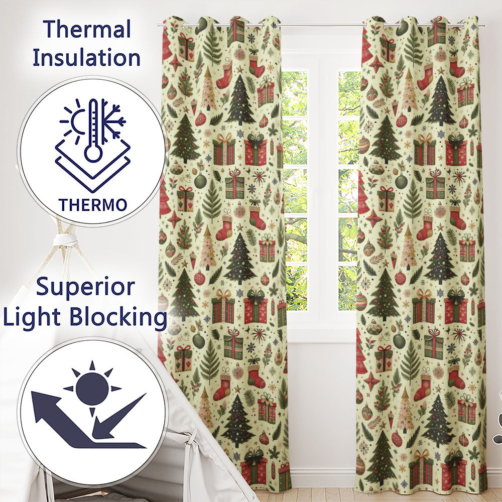 Christmas Tree Gift Stocking Ornament Holiday Seamless Pattern  Readymade Eyelet Ring Top Thermal 100% Blackout Curtains