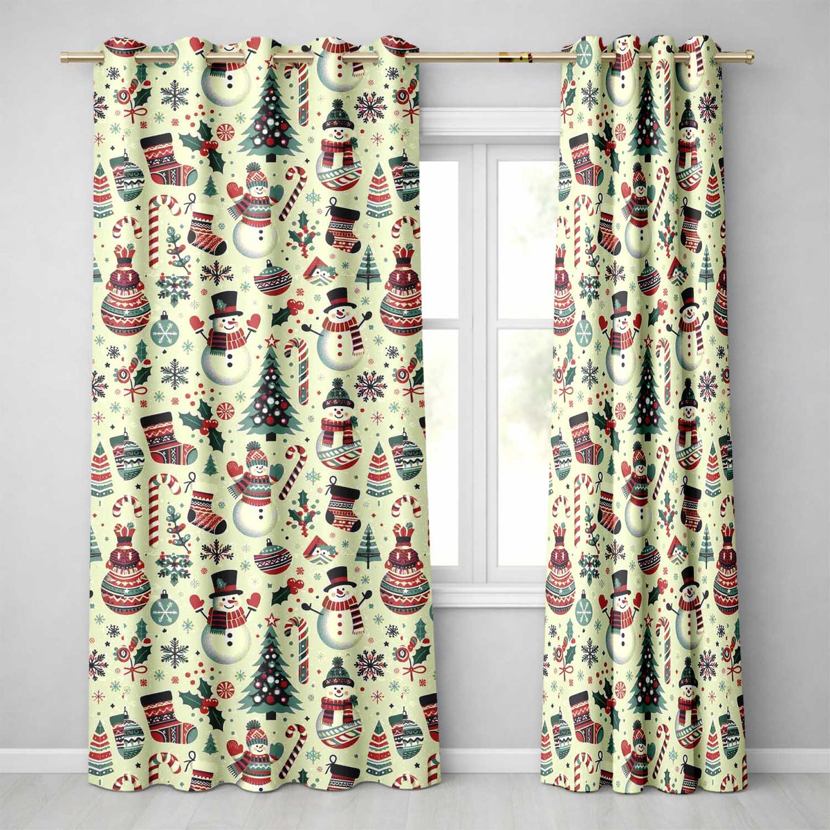 Cute Snowman Candy Cane Christmas Tree Festive Seamless Pattern  Readymade Eyelet Ring Top Thermal 100% Blackout Curtains