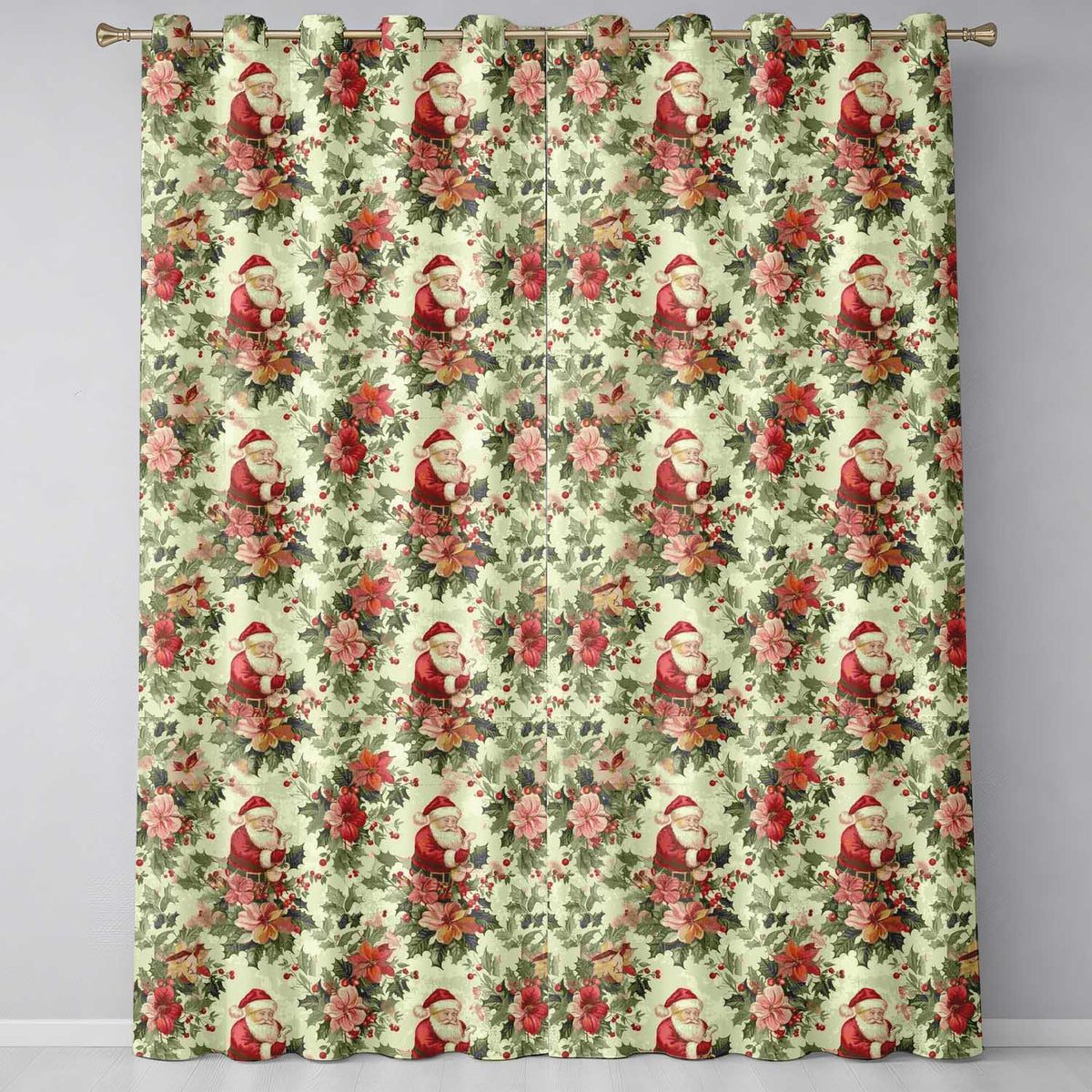 Vintage Santa Claus Holly Floral Christmas Seamless Pattern  Readymade Eyelet Ring Top Thermal 100% Blackout Curtains