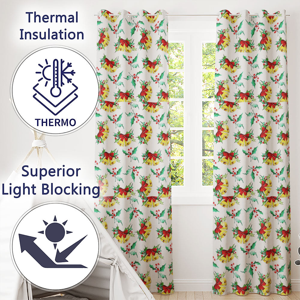Watercolor Christmas Bells Holly Berry Festive Seamless Pattern  Readymade Eyelet Ring Top Thermal 100% Blackout Curtains