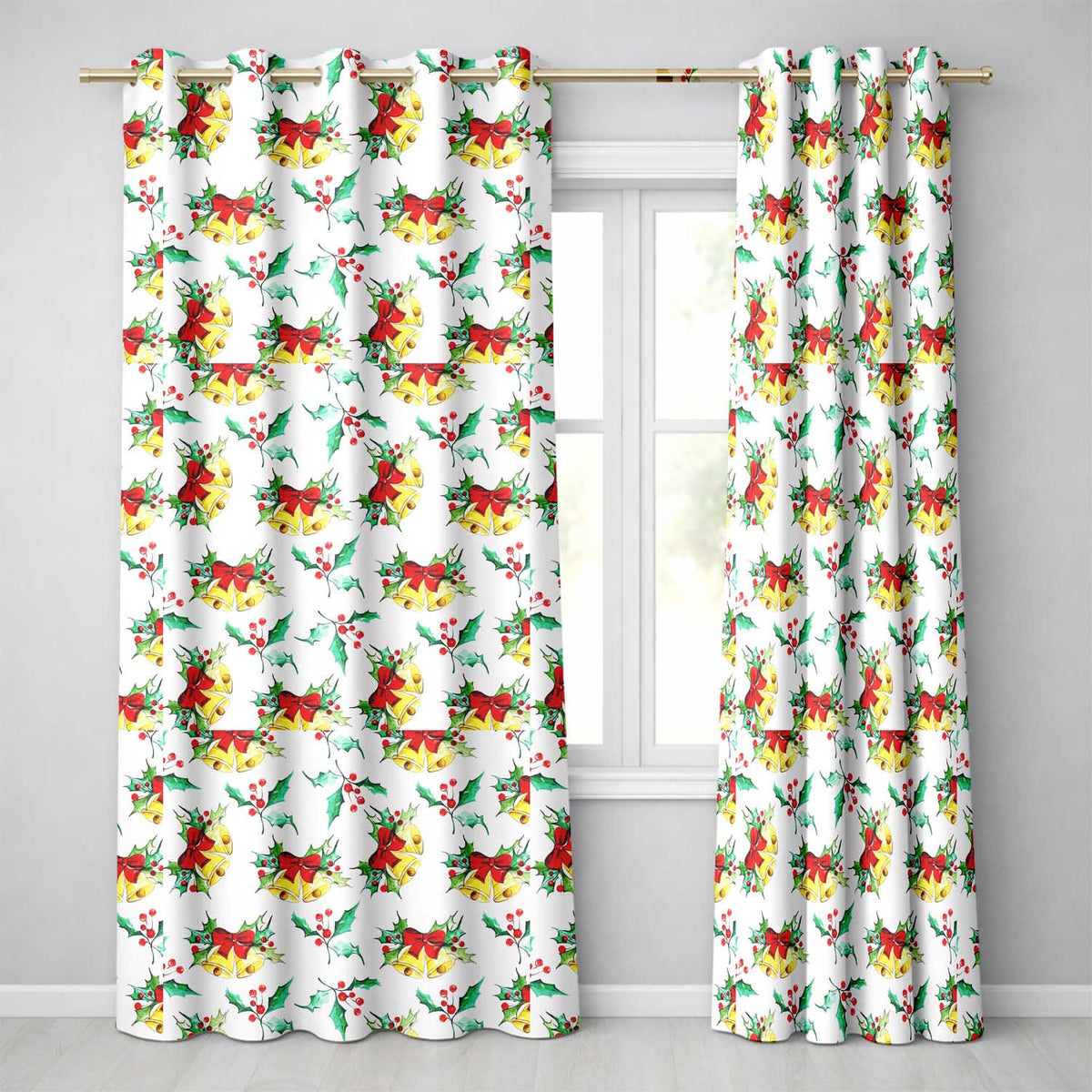 Watercolor Christmas Bells Holly Berry Festive Seamless Pattern  Readymade Eyelet Ring Top Thermal 100% Blackout Curtains