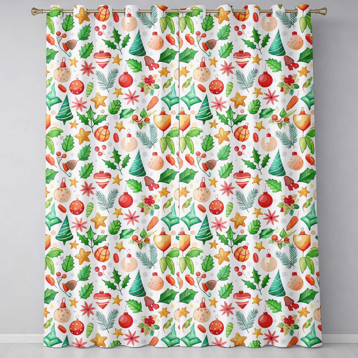 Colorful Christmas Ornament Holly Star Festive Seamless Pattern  Readymade Eyelet Ring Top Thermal 100% Blackout Curtains
