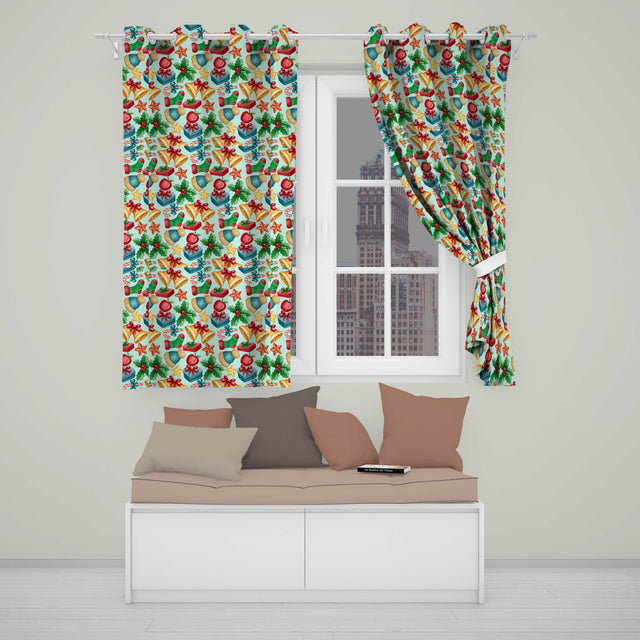 Bright Christmas Gift Bell Apple Festive Seamless Pattern  Readymade Eyelet Ring Top Thermal 100% Blackout Curtains