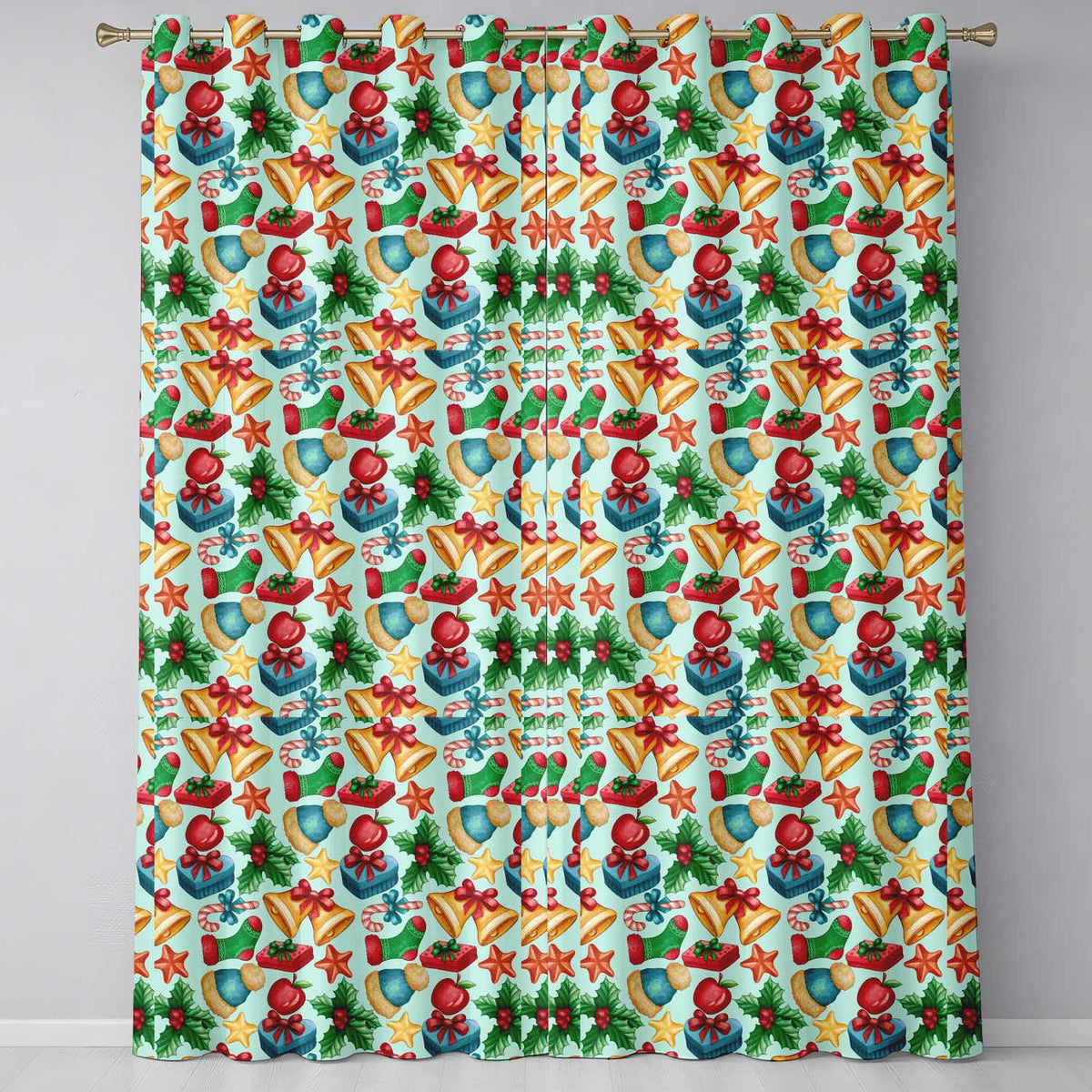 Bright Christmas Gift Bell Apple Festive Seamless Pattern  Readymade Eyelet Ring Top Thermal 100% Blackout Curtains
