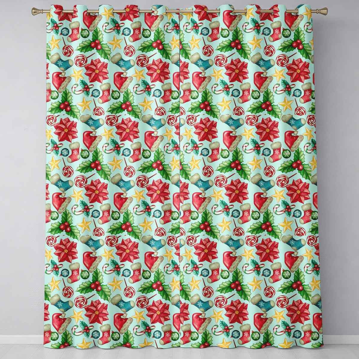 Bright Christmas Poinsettia Candy Cane Holly Festive Seamless Pattern  Readymade Eyelet Ring Top Thermal 100% Blackout Curtains