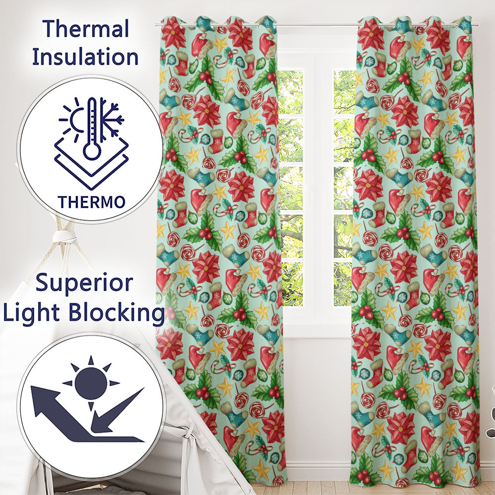 Bright Christmas Poinsettia Candy Cane Holly Festive Seamless Pattern  Readymade Eyelet Ring Top Thermal 100% Blackout Curtains