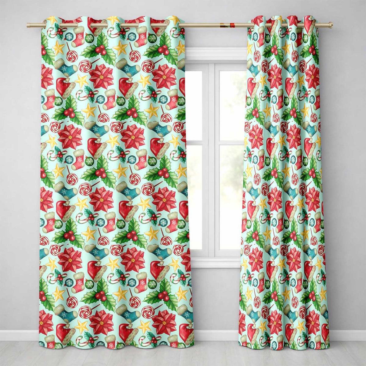 Bright Christmas Poinsettia Candy Cane Holly Festive Seamless Pattern  Readymade Eyelet Ring Top Thermal 100% Blackout Curtains