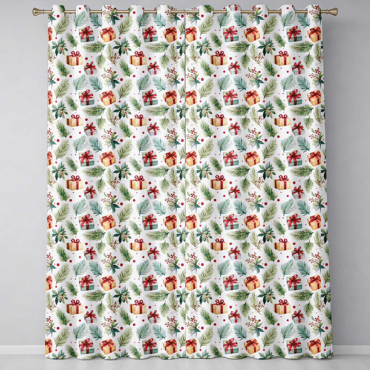 Watercolor Pine Branch Gift Box Holly Berry Christmas Seamless Pattern  Readymade Eyelet Ring Top Thermal 100% Blackout Curtains