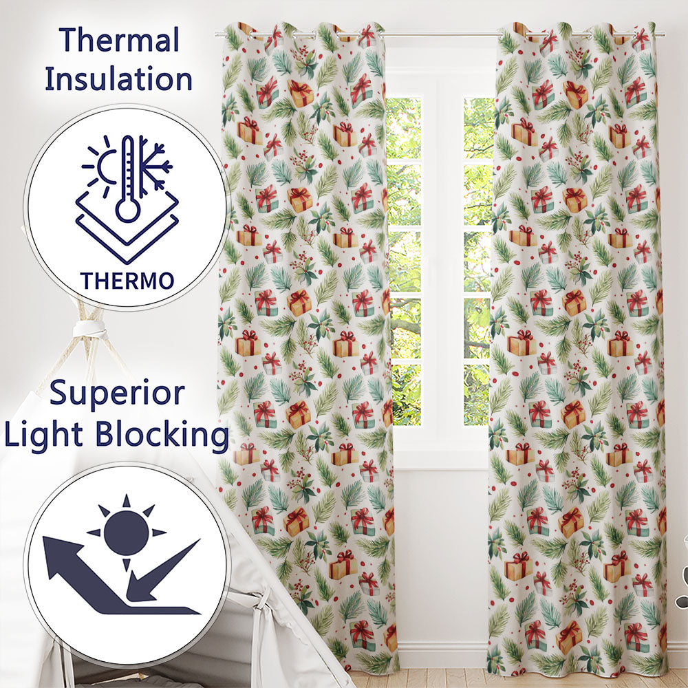 Watercolor Pine Branch Gift Box Holly Berry Christmas Seamless Pattern  Readymade Eyelet Ring Top Thermal 100% Blackout Curtains
