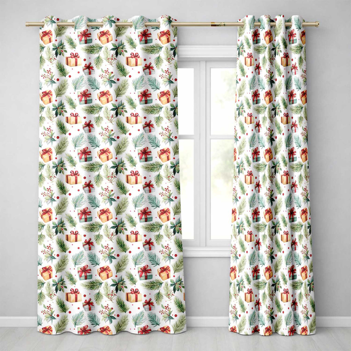 Watercolor Pine Branch Gift Box Holly Berry Christmas Seamless Pattern  Readymade Eyelet Ring Top Thermal 100% Blackout Curtains