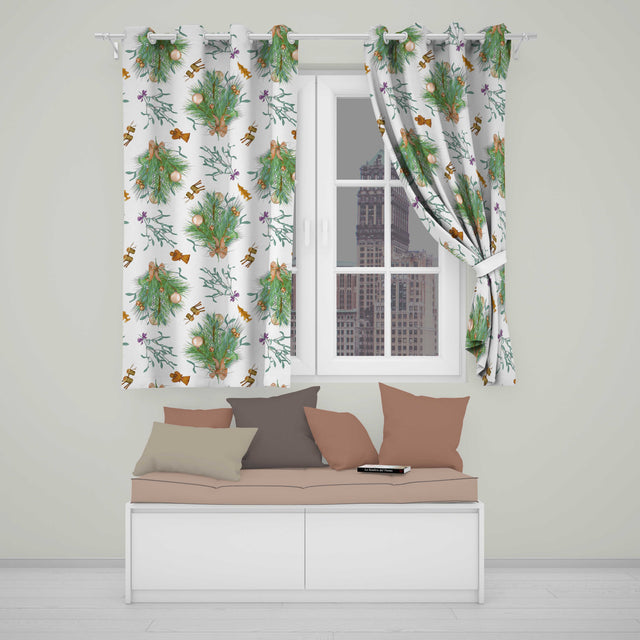 Elegant Christmas Pine Branch Mistletoe Ornament Bells Seamless Pattern  Readymade Eyelet Ring Top Thermal 100% Blackout Curtains