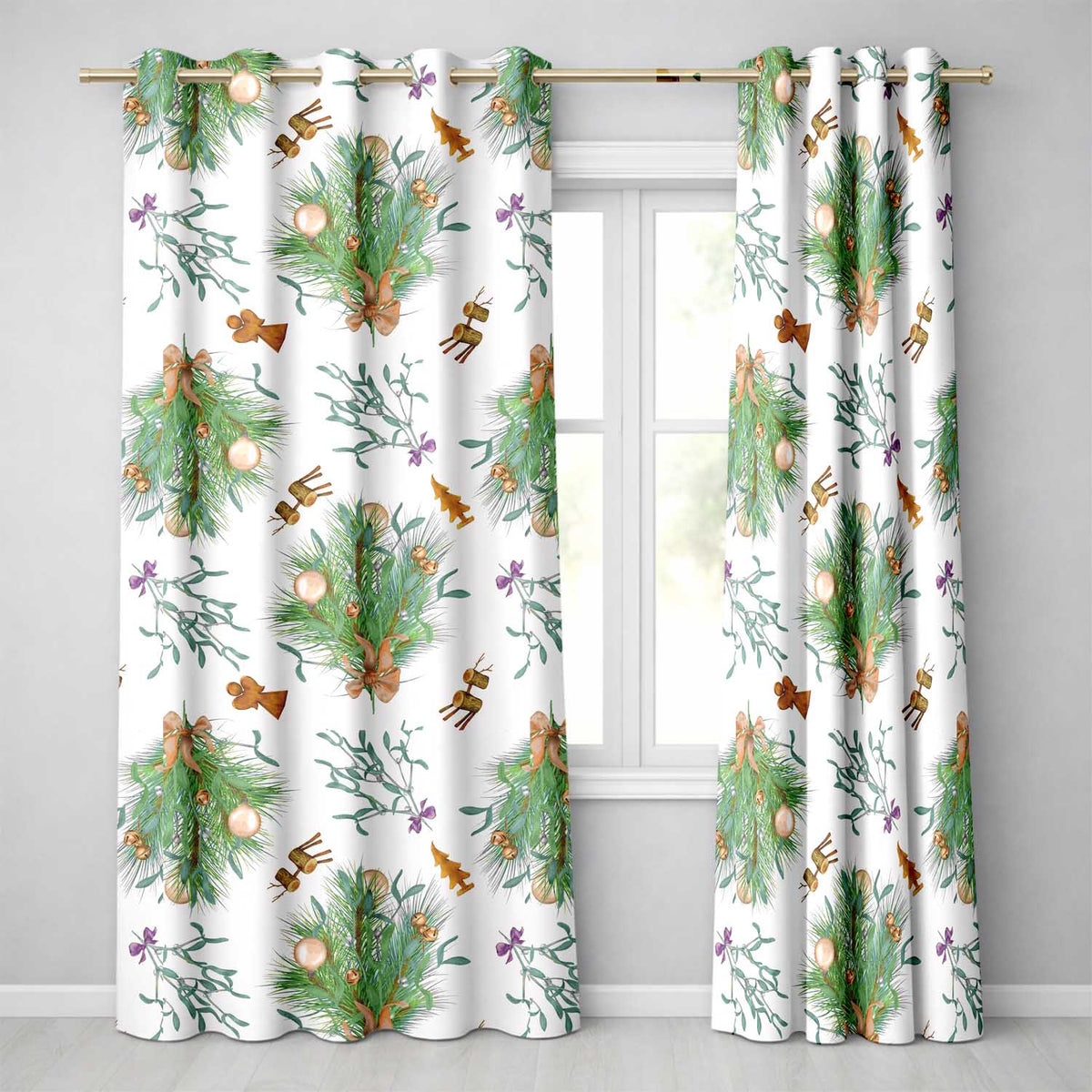 Elegant Christmas Pine Branch Mistletoe Ornament Bells Seamless Pattern  Readymade Eyelet Ring Top Thermal 100% Blackout Curtains