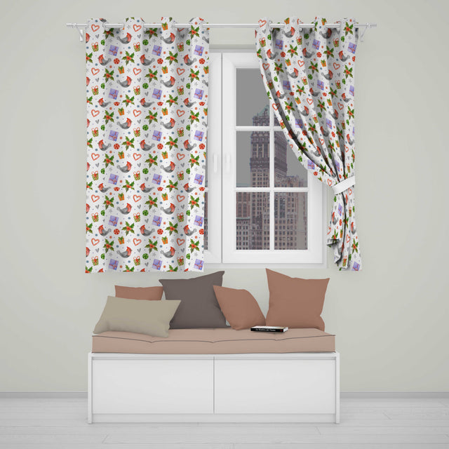 Cute Cardinal Bird Holly Gift Heart Festive Seamless Pattern  Readymade Eyelet Ring Top Thermal 100% Blackout Curtains