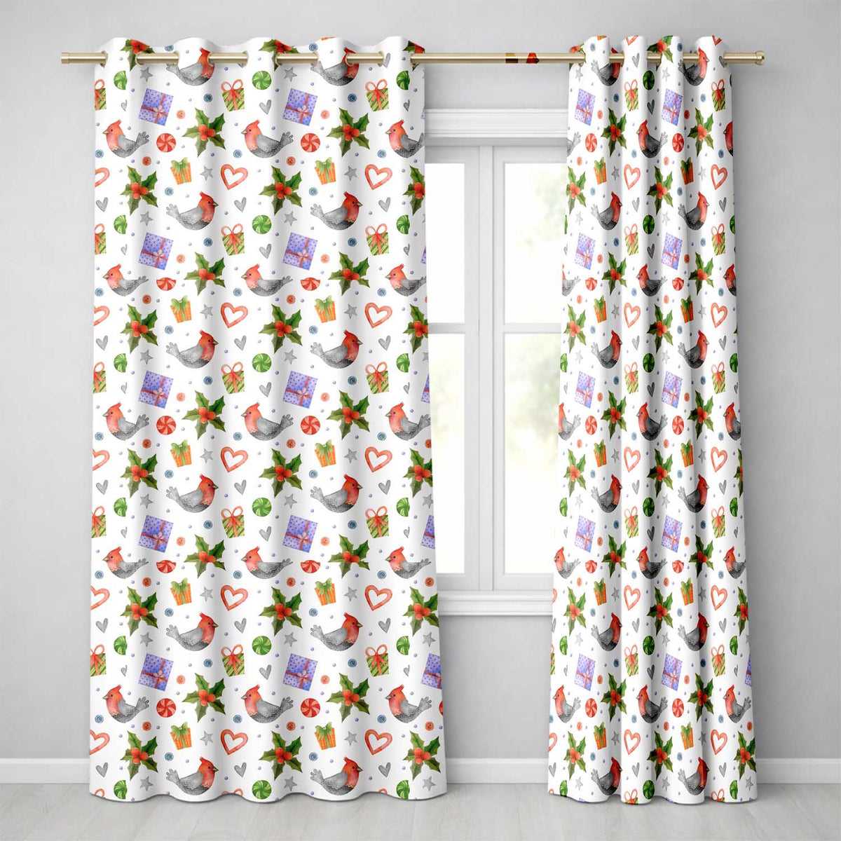 Cute Cardinal Bird Holly Gift Heart Festive Seamless Pattern  Readymade Eyelet Ring Top Thermal 100% Blackout Curtains