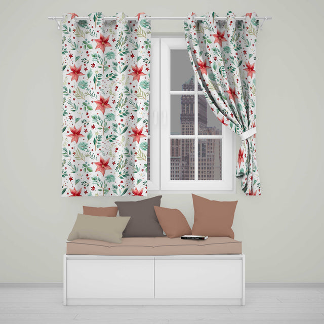Elegant Poinsettia Floral Holiday Botanical Seamless Pattern  Readymade Eyelet Ring Top Thermal 100% Blackout Curtains