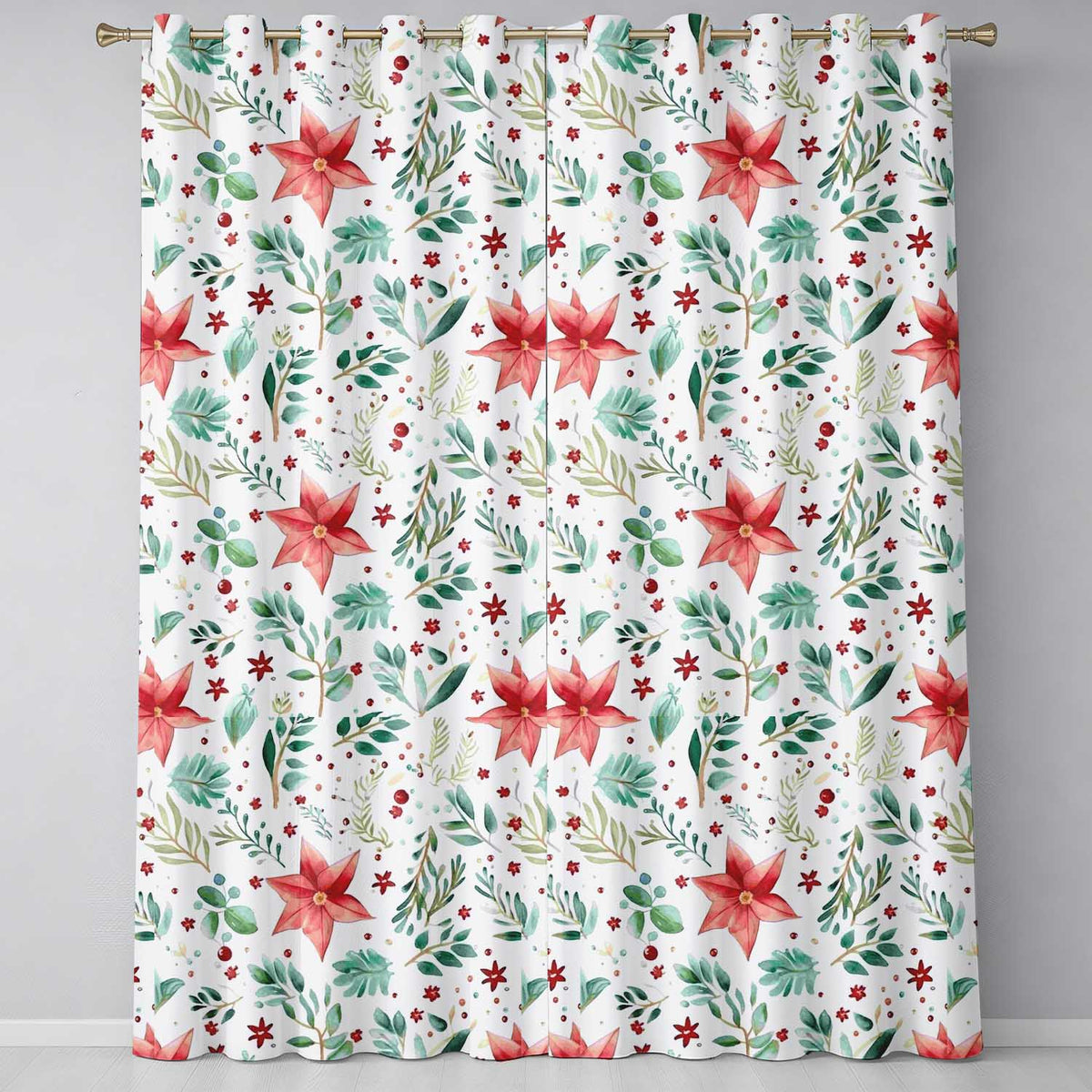 Elegant Poinsettia Floral Holiday Botanical Seamless Pattern  Readymade Eyelet Ring Top Thermal 100% Blackout Curtains