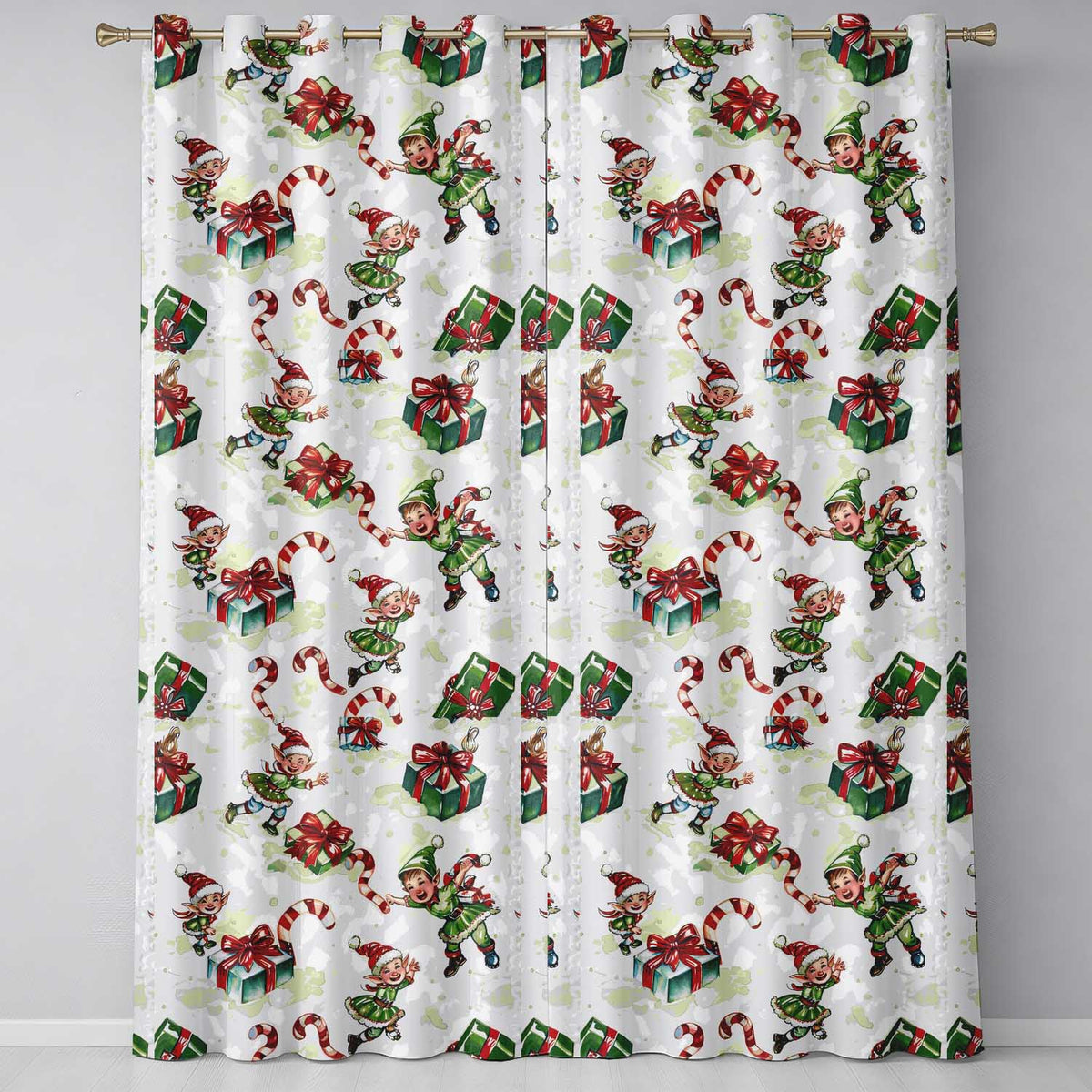 Cute Christmas Elf Gift Candy Cane Festive Seamless Pattern  Readymade Eyelet Ring Top Thermal 100% Blackout Curtains
