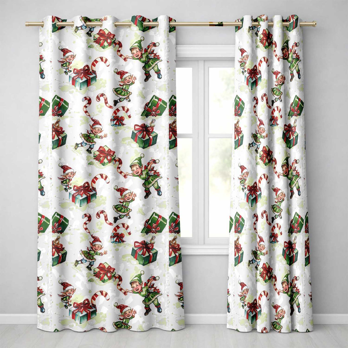 Cute Christmas Elf Gift Candy Cane Festive Seamless Pattern  Readymade Eyelet Ring Top Thermal 100% Blackout Curtains