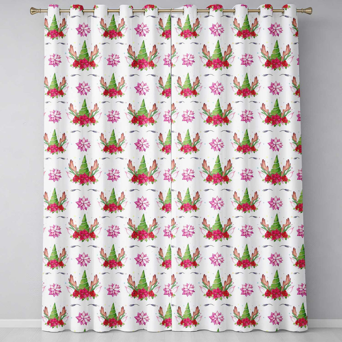 Cute Unicorn Christmas Poinsettia Floral Fantasy Seamless Pattern  Readymade Eyelet Ring Top Thermal 100% Blackout Curtains