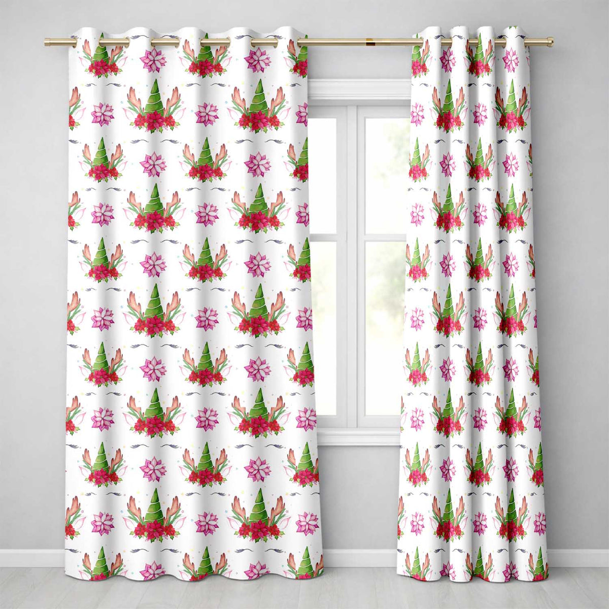 Cute Unicorn Christmas Poinsettia Floral Fantasy Seamless Pattern  Readymade Eyelet Ring Top Thermal 100% Blackout Curtains