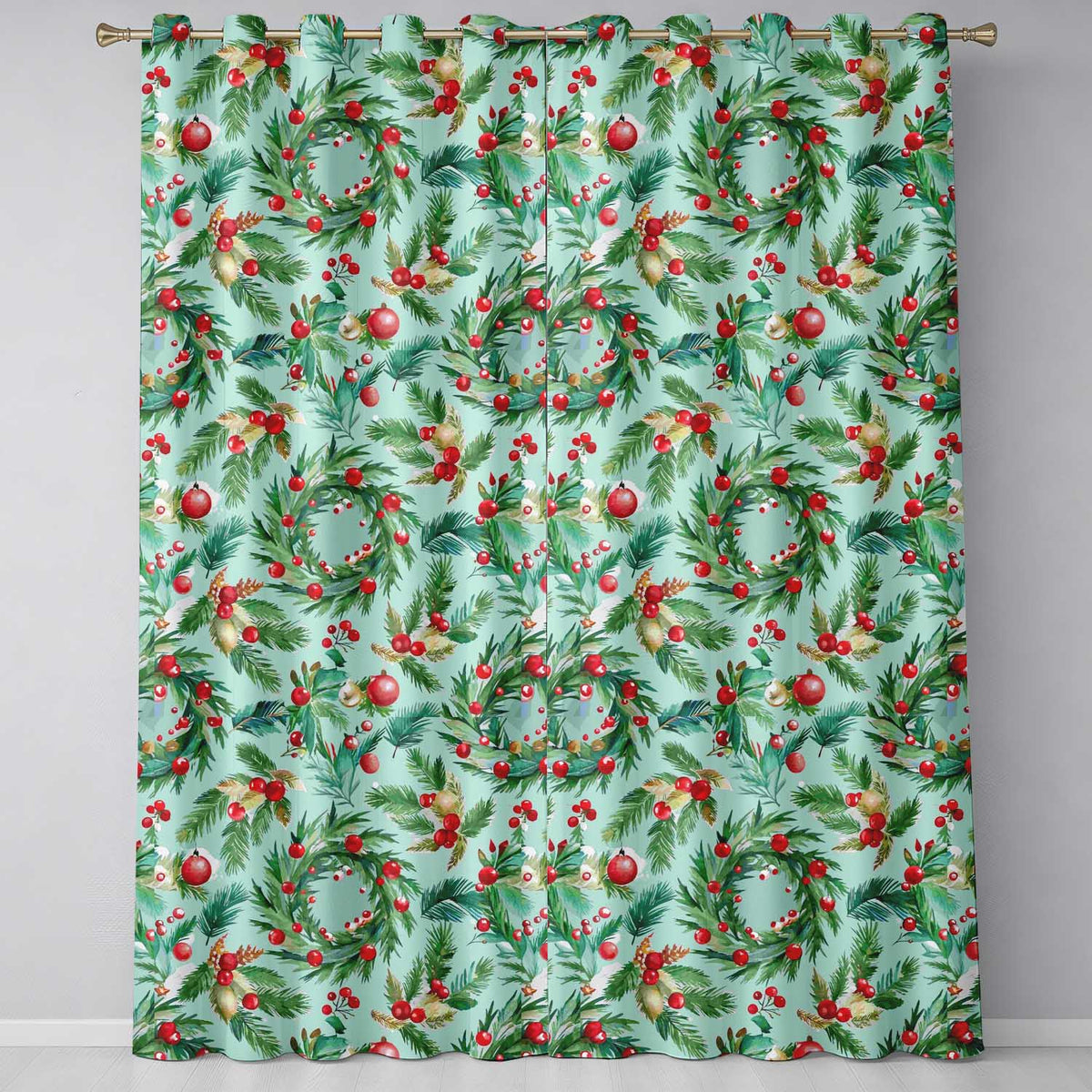 Watercolor Christmas Wreath Holly Berry Pine Branch Seamless Pattern  Readymade Eyelet Ring Top Thermal 100% Blackout Curtains