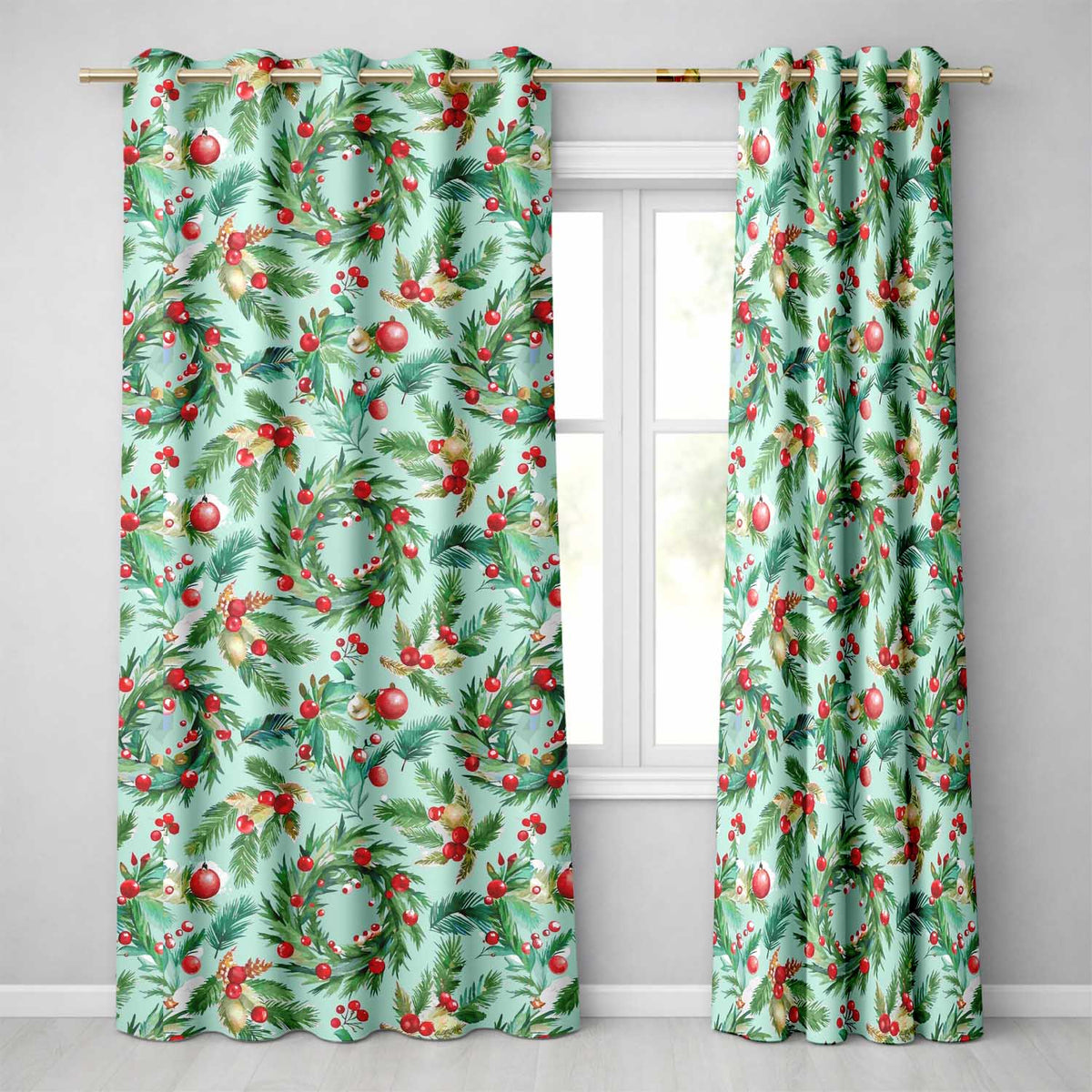Watercolor Christmas Wreath Holly Berry Pine Branch Seamless Pattern  Readymade Eyelet Ring Top Thermal 100% Blackout Curtains