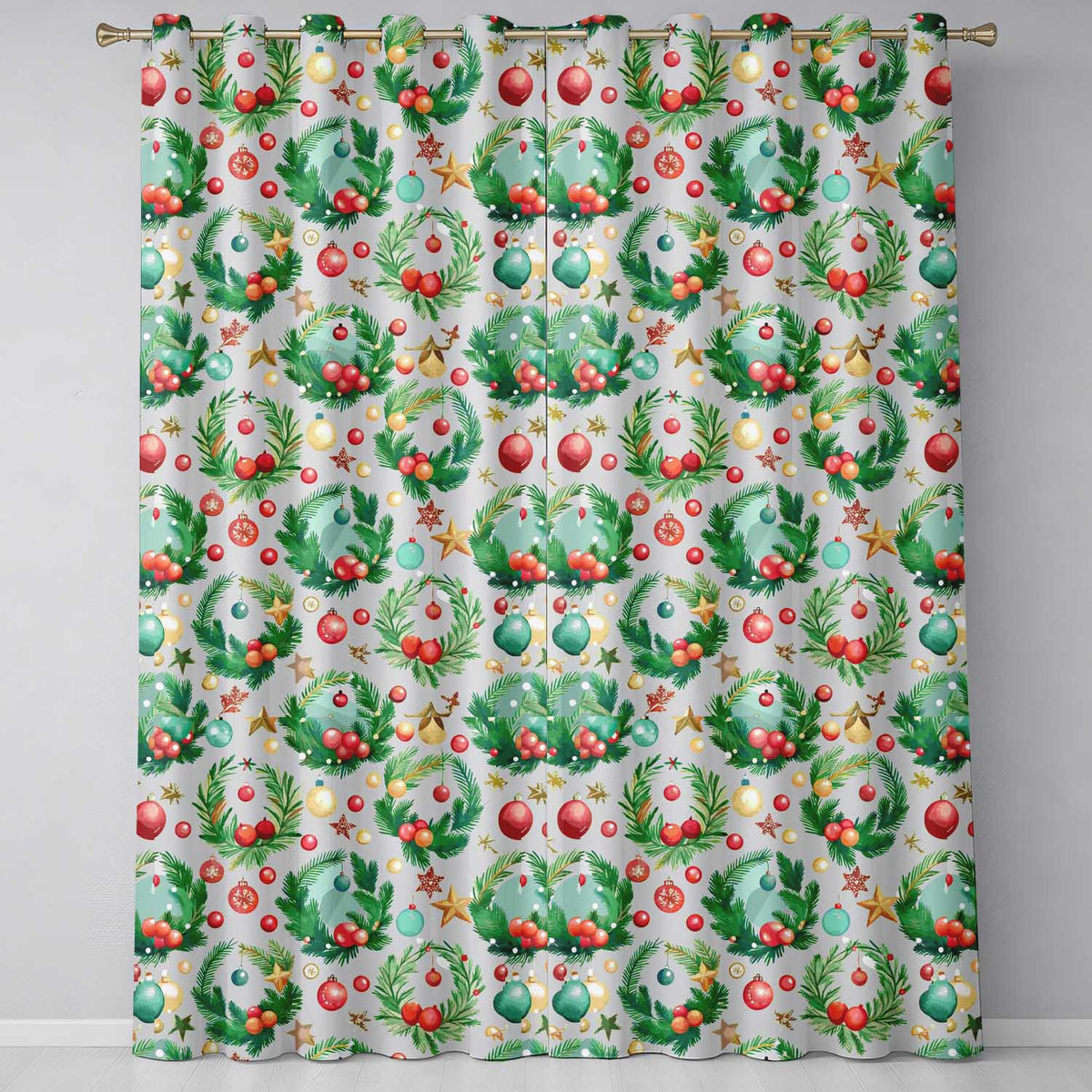 Watercolor Christmas Wreath Ornament Holly Berry Seamless Pattern  Readymade Eyelet Ring Top Thermal 100% Blackout Curtains