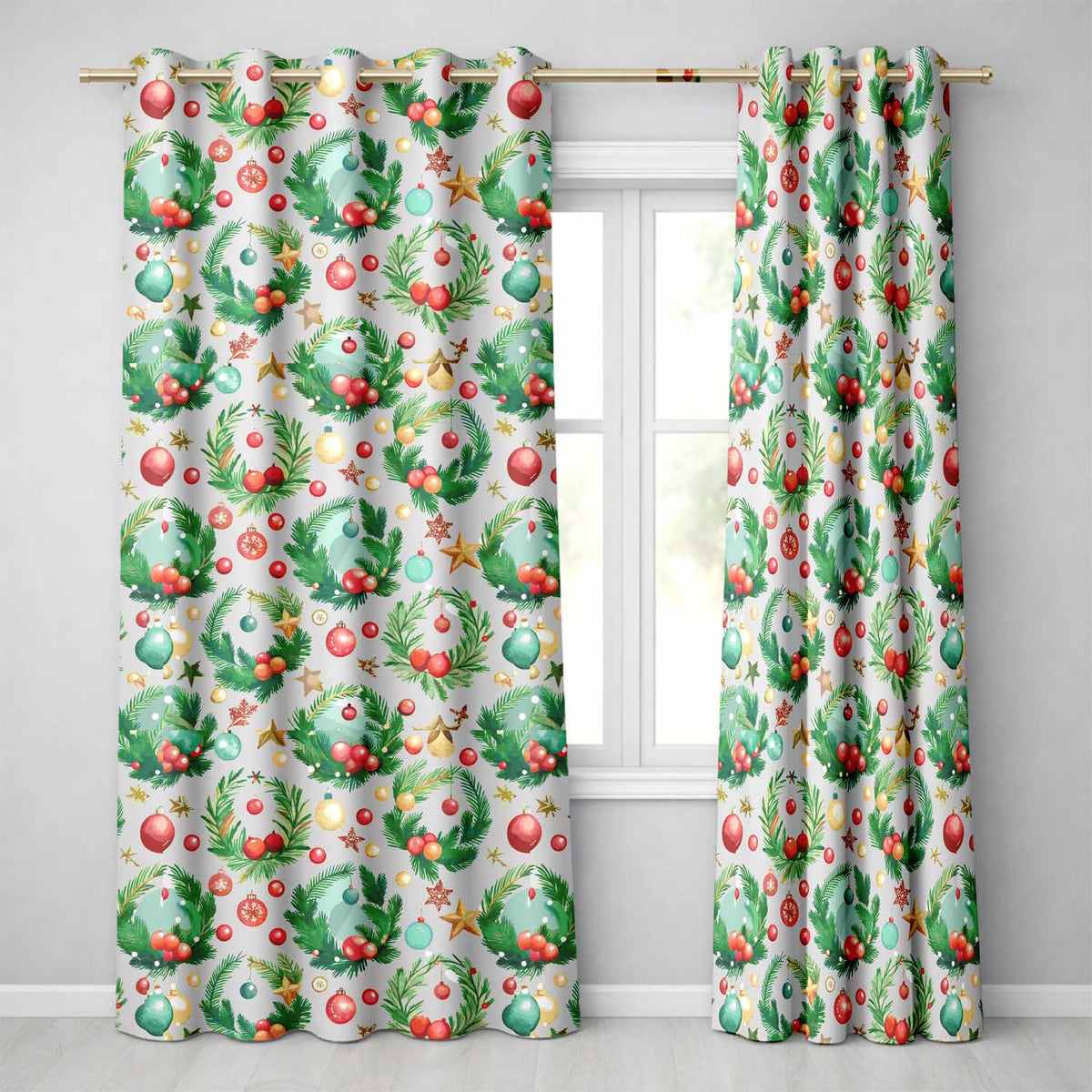 Watercolor Christmas Wreath Ornament Holly Berry Seamless Pattern  Readymade Eyelet Ring Top Thermal 100% Blackout Curtains