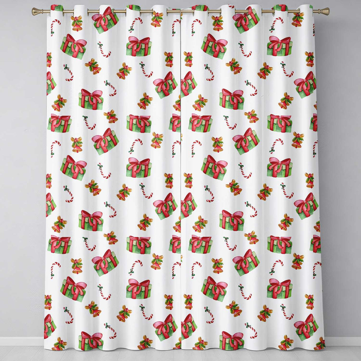 Watercolor Christmas Gift Box Candy Cane Bell Seamless Pattern  Readymade Eyelet Ring Top Thermal 100% Blackout Curtains