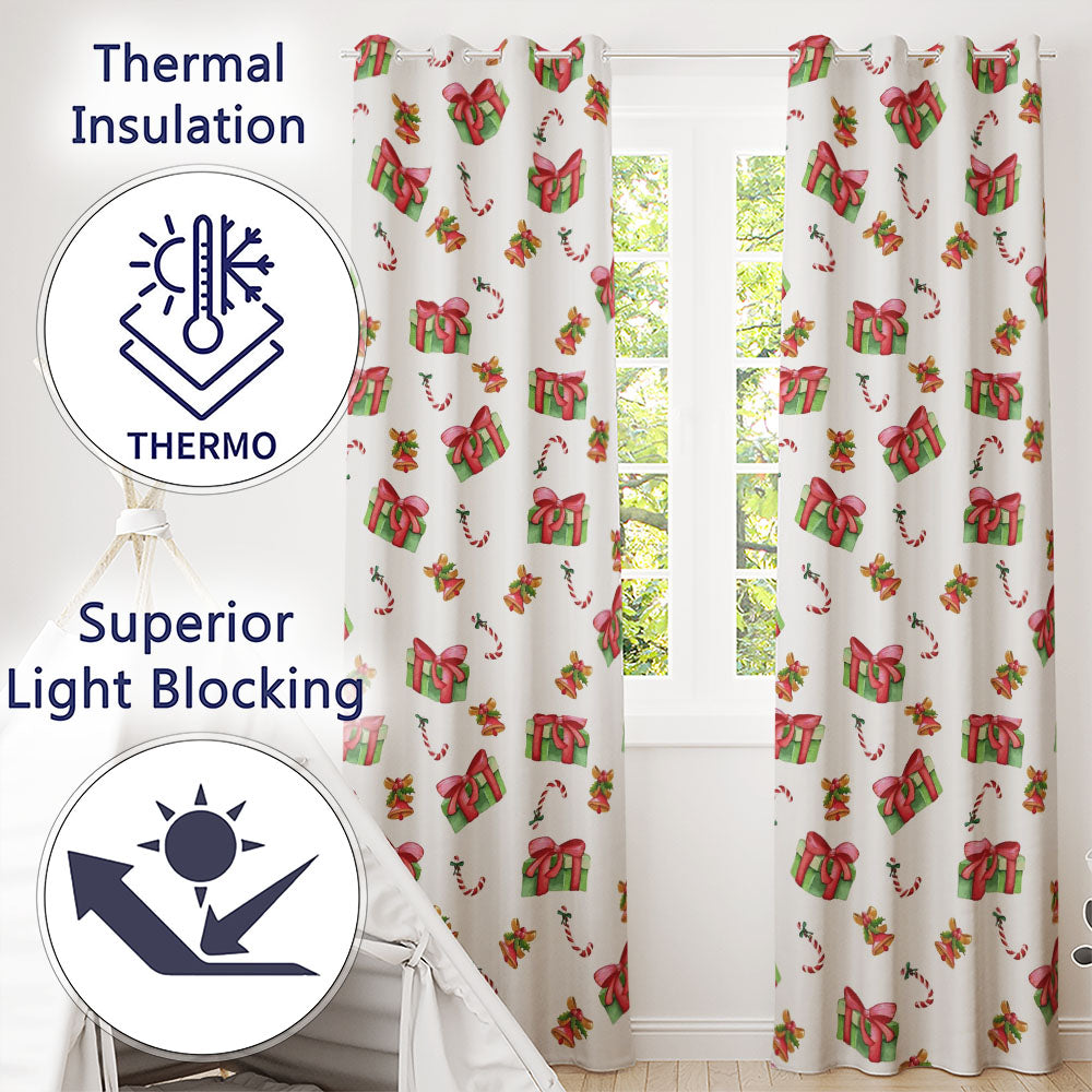 Watercolor Christmas Gift Box Candy Cane Bell Seamless Pattern  Readymade Eyelet Ring Top Thermal 100% Blackout Curtains