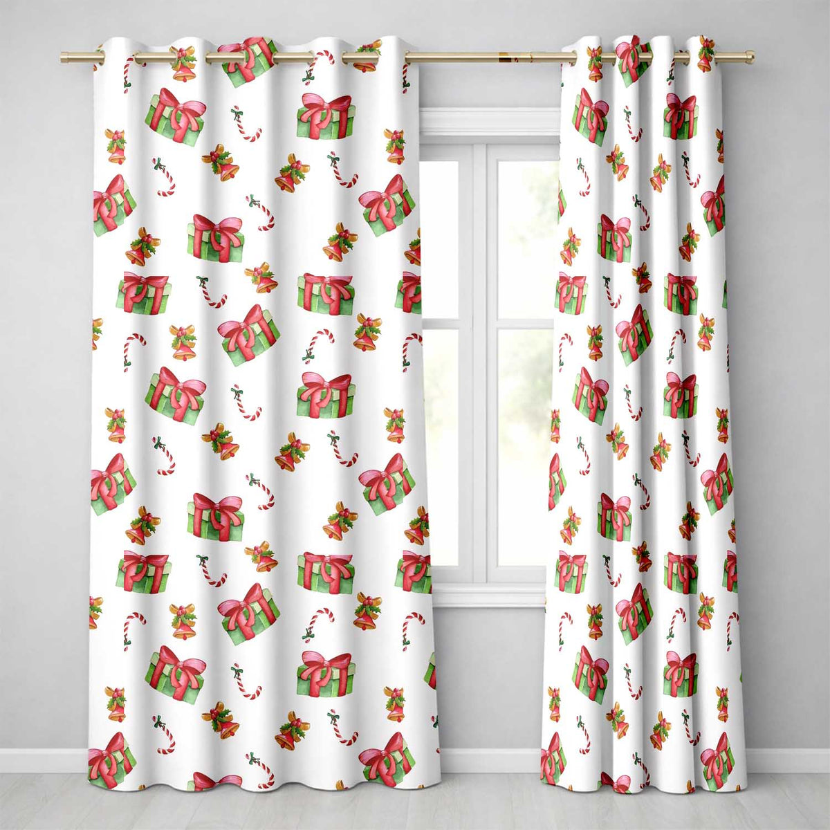 Watercolor Christmas Gift Box Candy Cane Bell Seamless Pattern  Readymade Eyelet Ring Top Thermal 100% Blackout Curtains