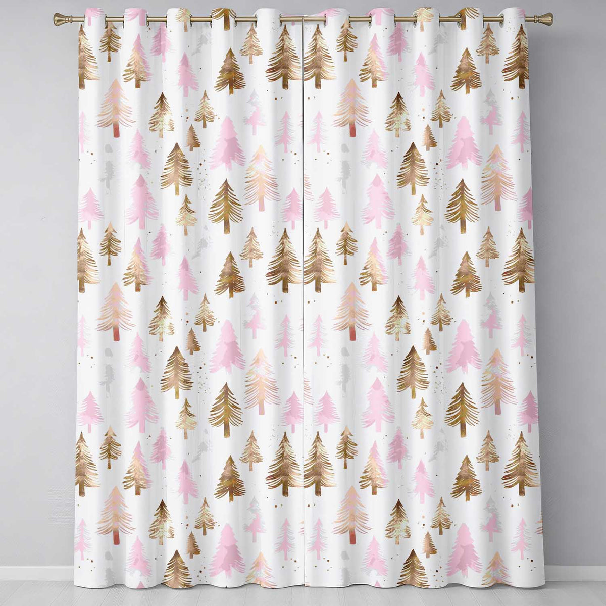 Elegant Pink and Gold Christmas Tree Watercolor Seamless Pattern  Readymade Eyelet Ring Top Thermal 100% Blackout Curtains