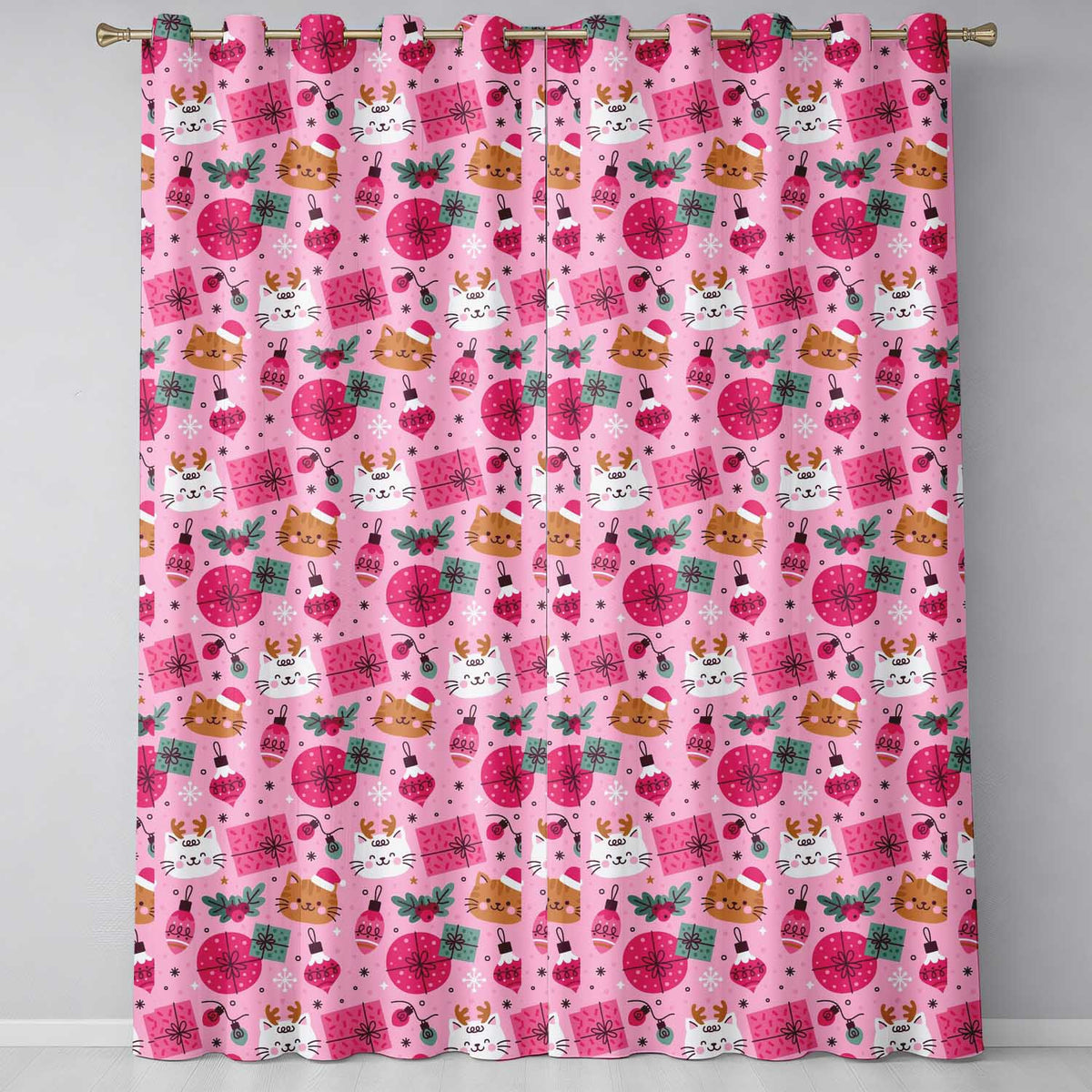 Cute Christmas Cats Gifts and Baubles Pink Festive Seamless Pattern  Readymade Eyelet Ring Top Thermal 100% Blackout Curtains