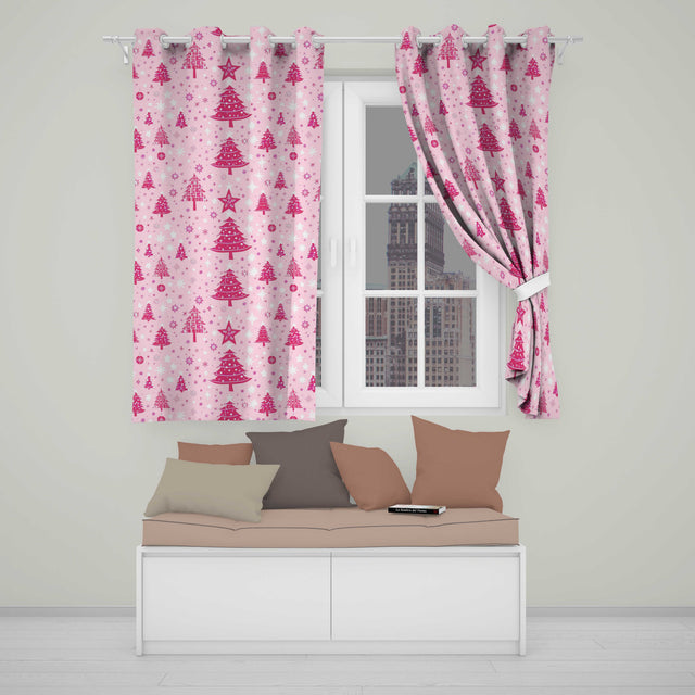 Pink Christmas Tree Snowflake Star Winter Seamless Pattern  Readymade Eyelet Ring Top Thermal 100% Blackout Curtains
