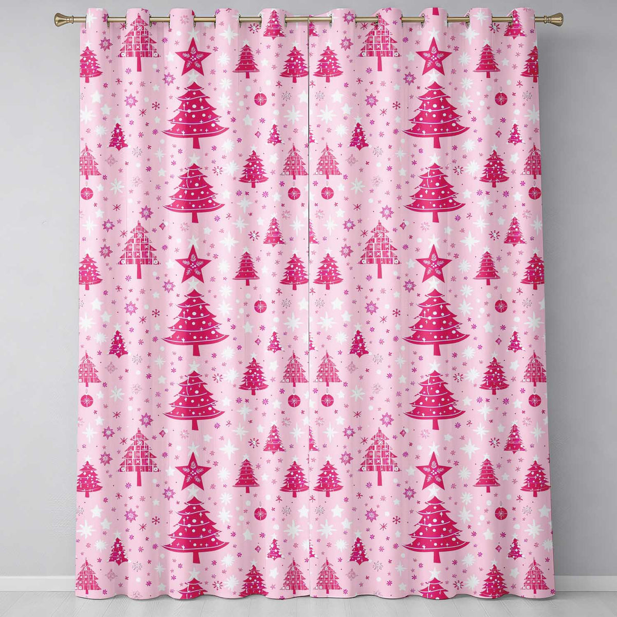 Pink Christmas Tree Snowflake Star Winter Seamless Pattern  Readymade Eyelet Ring Top Thermal 100% Blackout Curtains