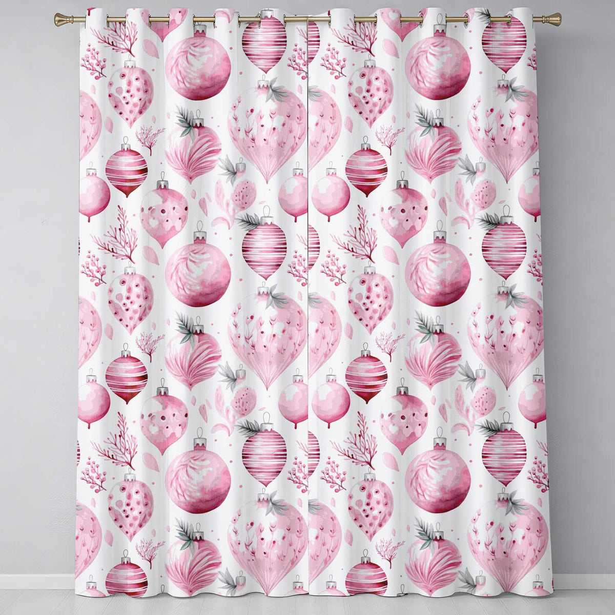 Elegant Pink Watercolor Christmas Baubles Seamless Pattern  Readymade Eyelet Ring Top Thermal 100% Blackout Curtains