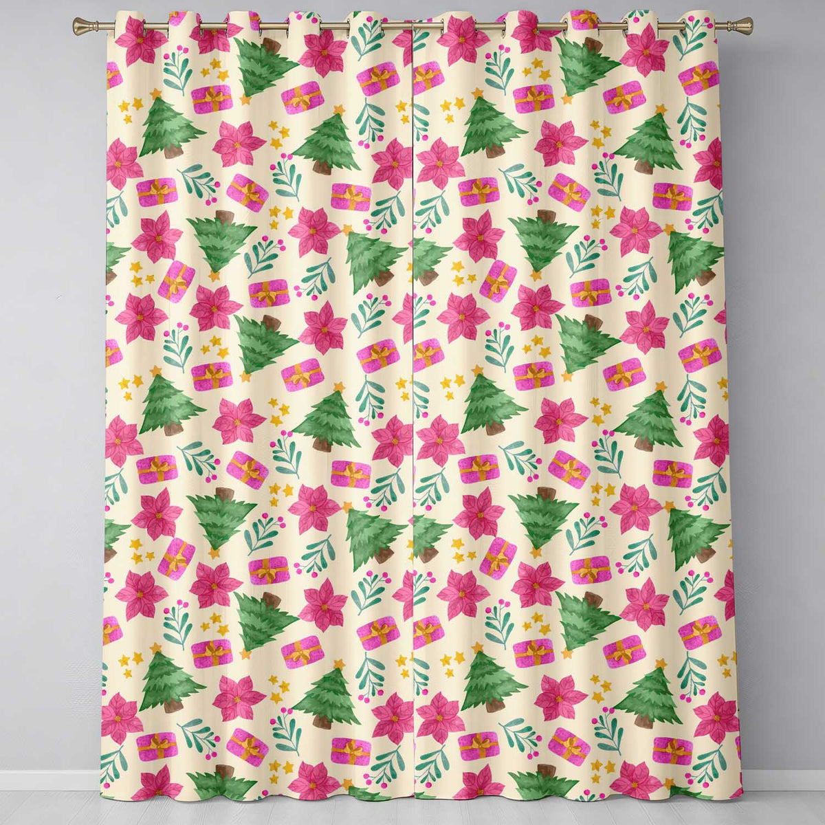 Watercolor Christmas Poinsettia Gift Tree Festive Seamless Pattern  Readymade Eyelet Ring Top Thermal 100% Blackout Curtains