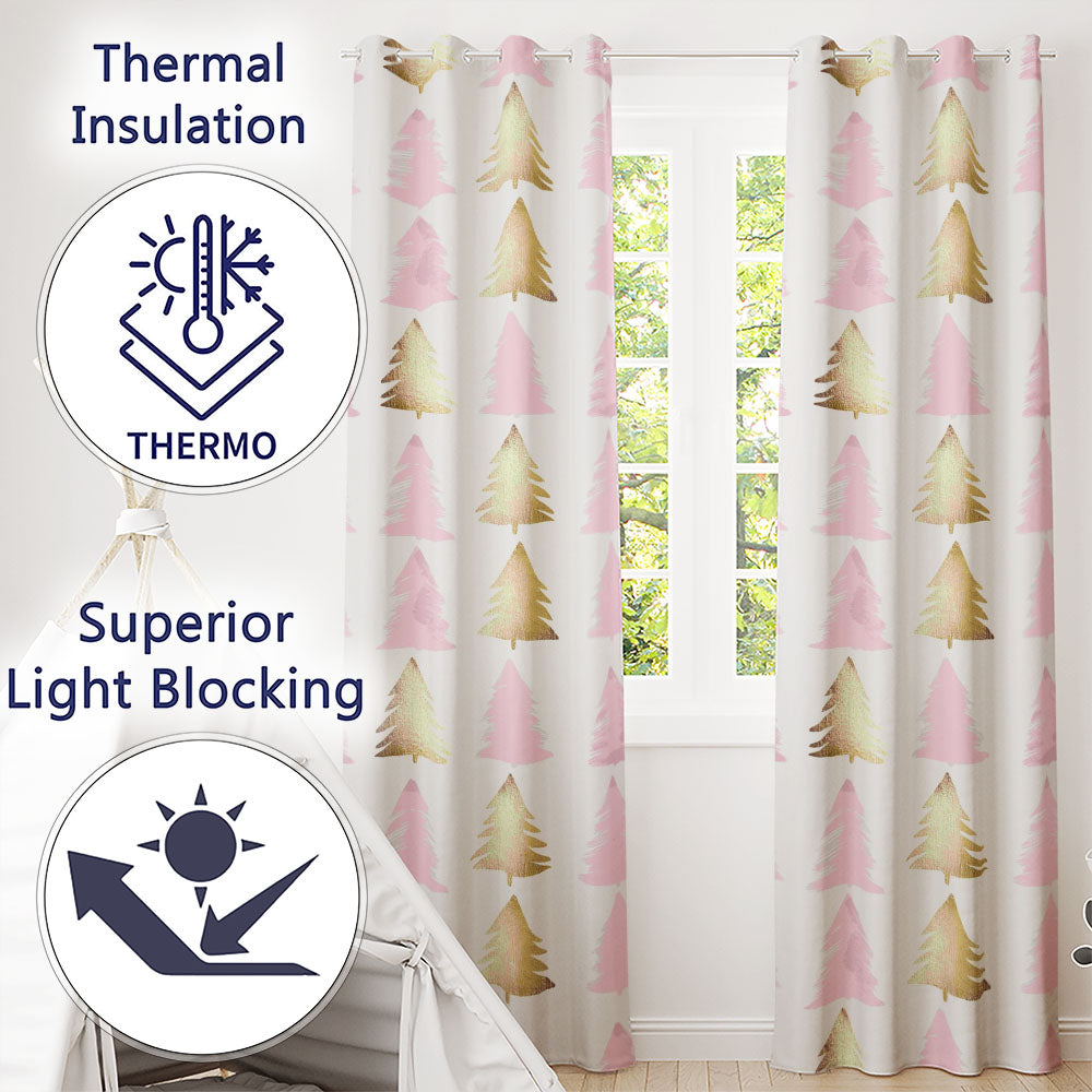 Minimal Gold Pink Christmas Tree Seamless Pattern  Readymade Eyelet Ring Top Thermal 100% Blackout Curtains