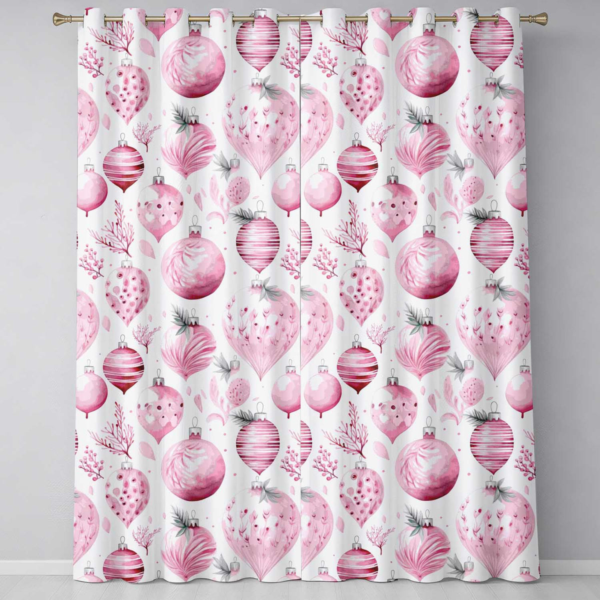 Elegant Pink Christmas Baubles Watercolor Seamless Pattern  Readymade Eyelet Ring Top Thermal 100% Blackout Curtains