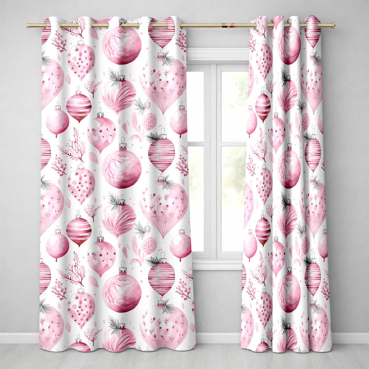 Elegant Pink Christmas Baubles Watercolor Seamless Pattern  Readymade Eyelet Ring Top Thermal 100% Blackout Curtains