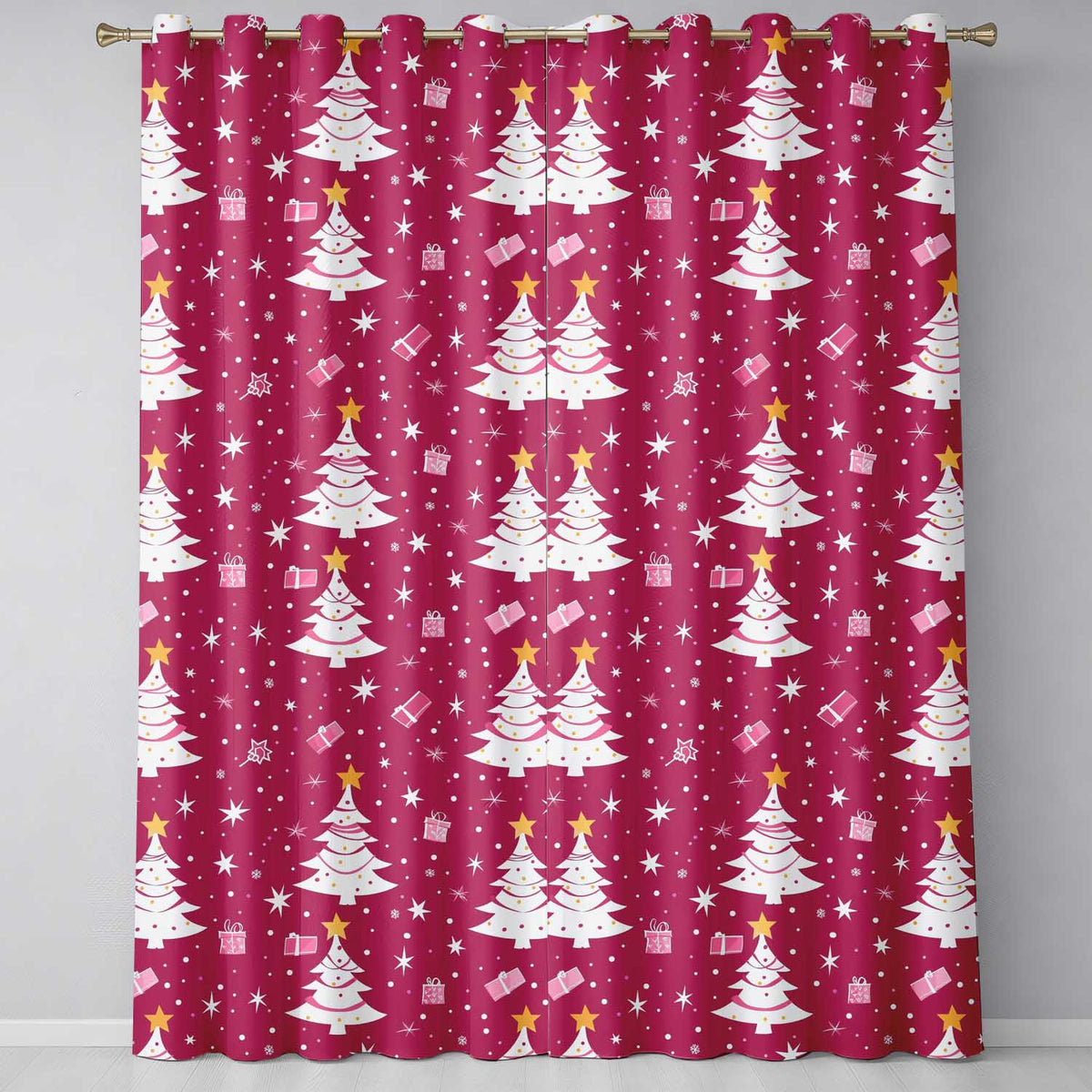 White Christmas Tree Star Gift Festive Seamless Pattern  Readymade Eyelet Ring Top Thermal 100% Blackout Curtains